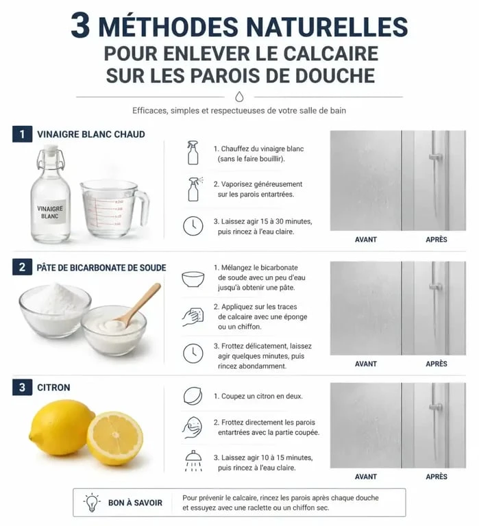 Infographie des méthodes naturelles pour enlever le calcaire sur les parois de douche