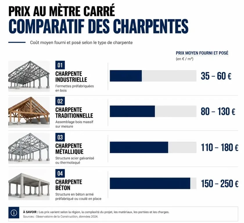 Comparatif des prix au m2 par type de charpente : industrielle, traditionnelle, métallique et béton