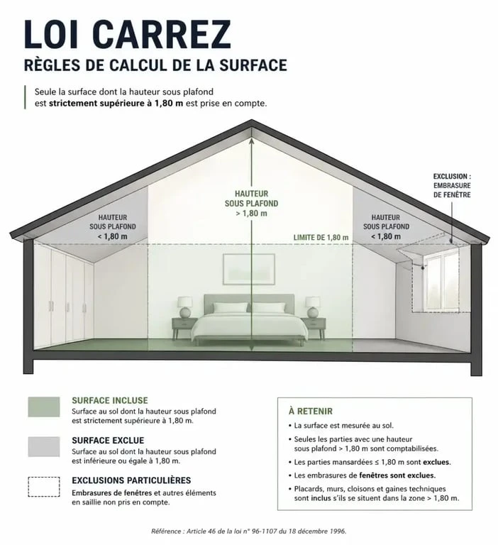 Schéma explicatif des règles de calcul de la surface chambre loi Carrez avec hauteur sous plafond et zones exclues