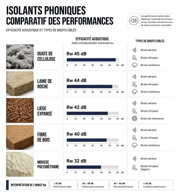 Infographie comparative des meilleurs isolants phoniques pour le logement