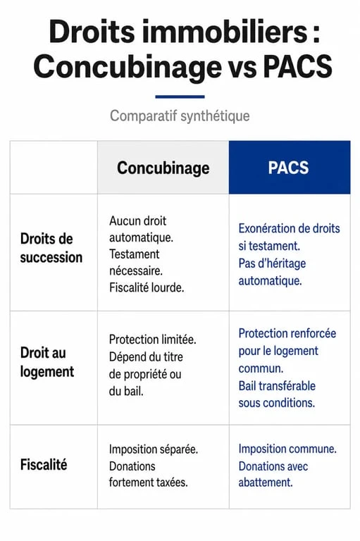 Infographie comparative PACS et concubinage pour un achat immobilier : droits de succession et fiscalité
