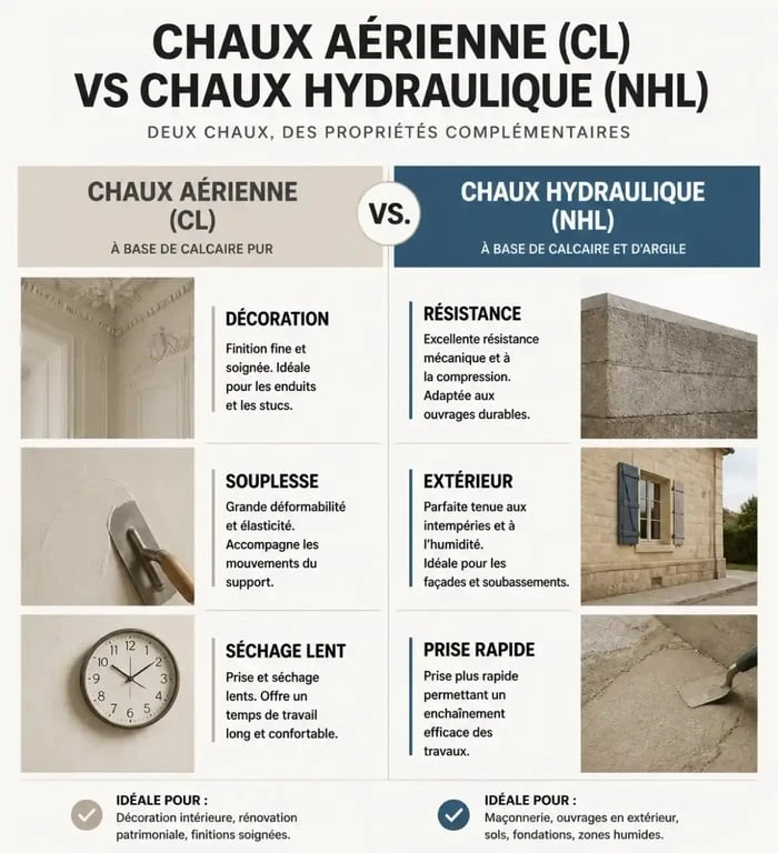 Comparatif des propriétés techniques entre chaux aérienne et chaux hydraulique pour enduit à la chaux