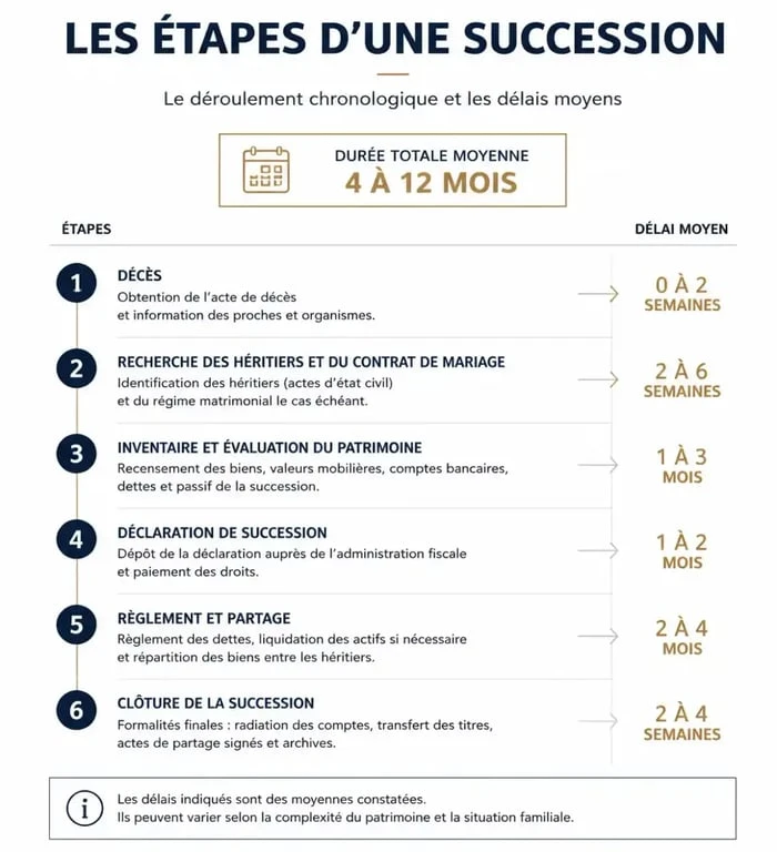 Infographie des délais et étapes d'une succession pour comprendre combien de temps dure le processus