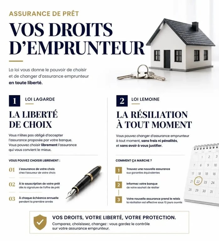 Infographie sur les droits de l'emprunteur et l'assurance obligatoire pour un prêt immobilier