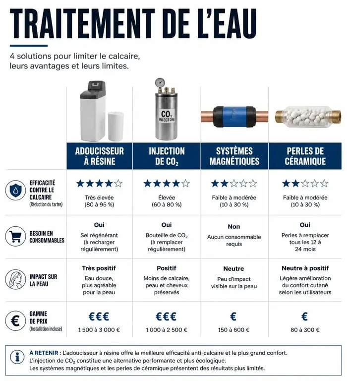 Comparatif des solutions pour adoucir l'eau et éliminer le calcaire