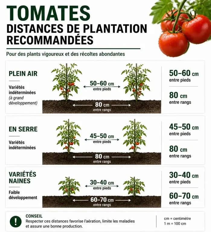 Infographie des distances de plantation optimales entre les pieds de tomates pour un potager productif