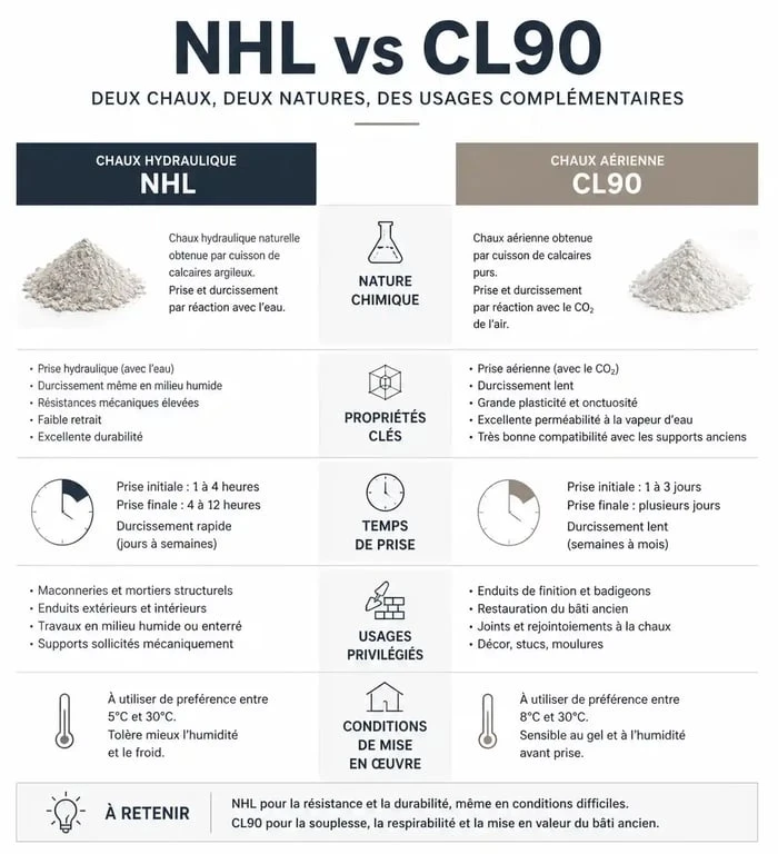 Comparatif des types de chaux pour enduit de façade : chaux hydraulique NHL vs chaux aérienne CL90