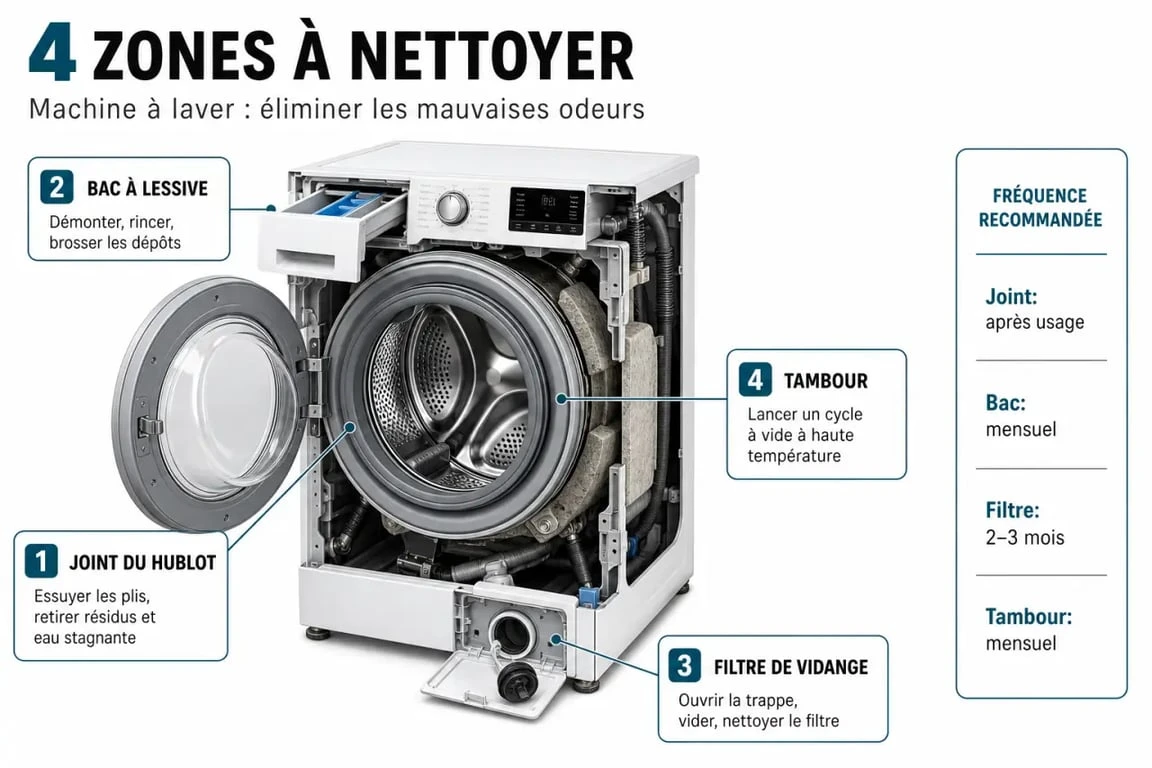 Infographie des étapes pour nettoyer une machine à laver qui sent mauvais