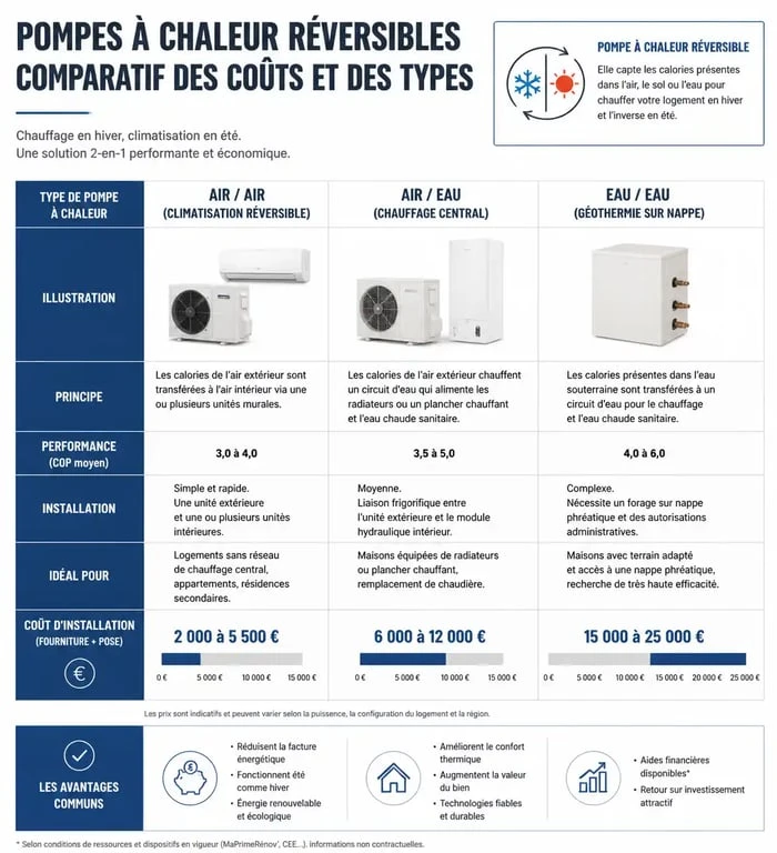 Comparatif des prix et types de pompe à chaleur clim réversible selon la technologie et la surface
