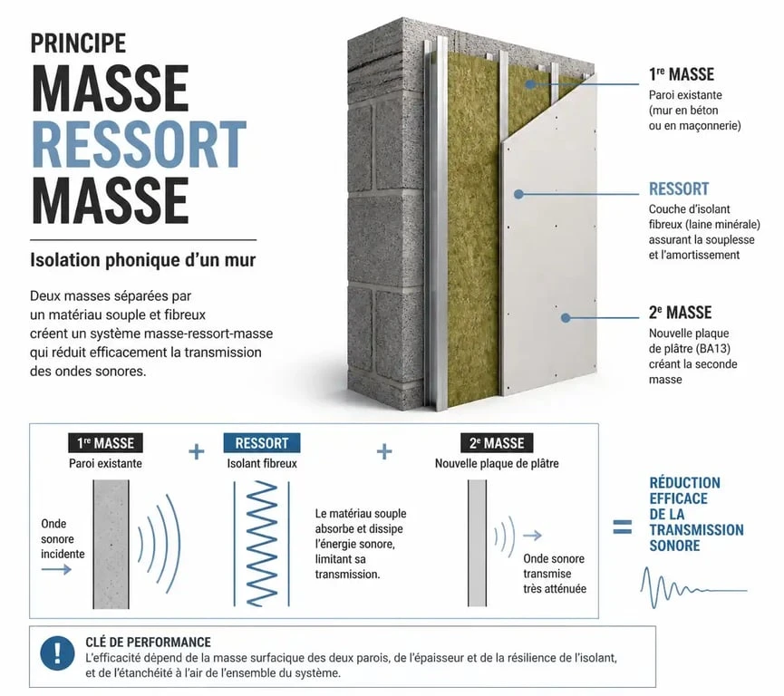 Schéma du principe masse-ressort-masse pour isoler phoniquement un mur mitoyen