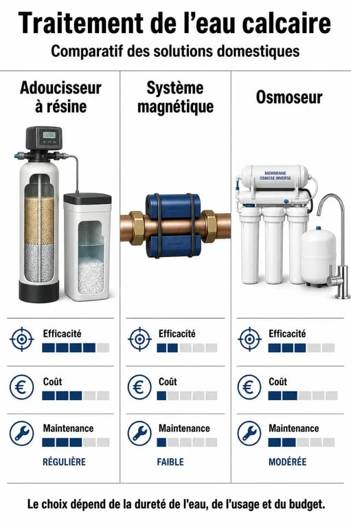 Infographie comparative des solutions contre l'eau calcaire : adoucisseur, système magnétique et osmoseur pour traiter le calcaire.