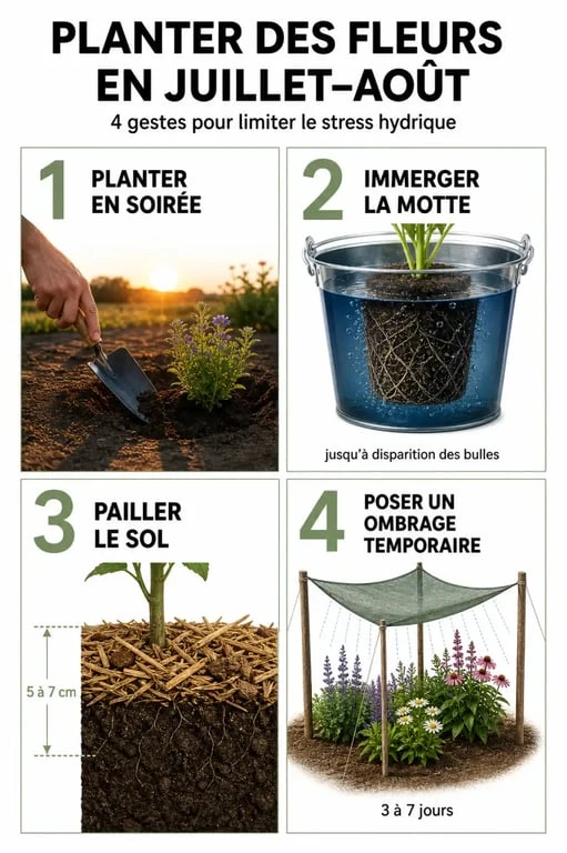 Infographie des 4 étapes pour réussir la plantation de fleurs en juillet et août
