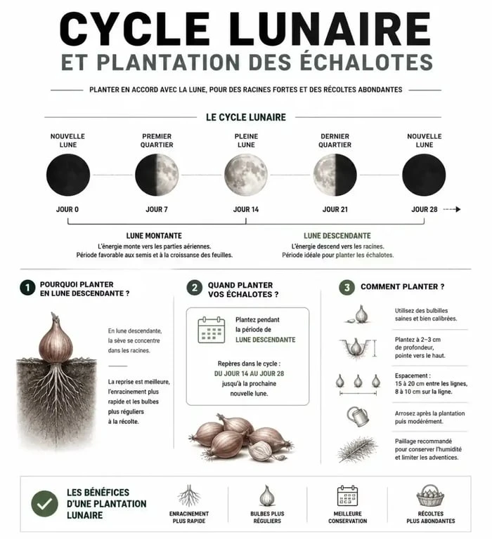 Infographie explicative sur quand planter les échalotes avec la lune pour optimiser la récolte