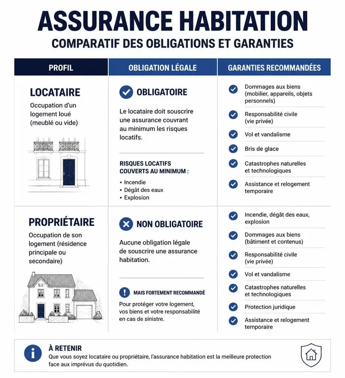 Tableau comparatif des obligations d'assurance habitation pour locataires et propriétaires