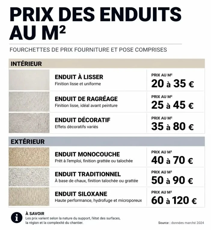 Tableau comparatif des prix de l'enduit au m2 pour travaux de façade et intérieur