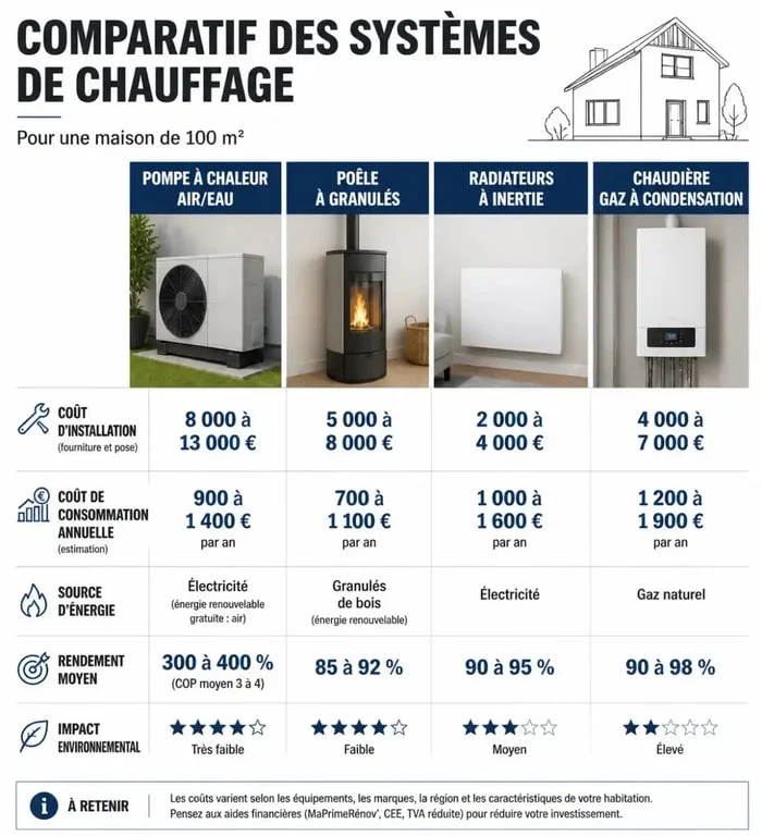 Comparatif des coûts d'installation et de consommation pour le chauffage d'une maison de 100m2