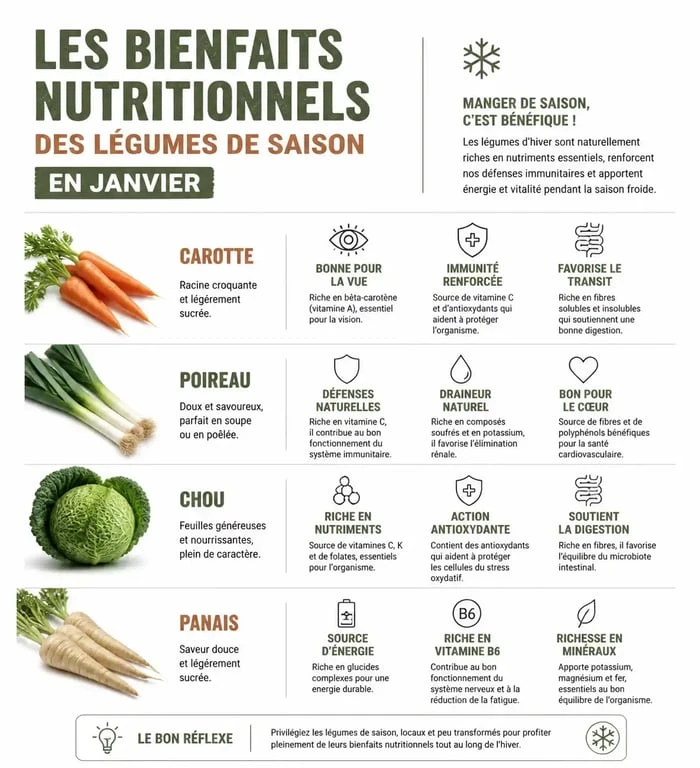Infographie des bienfaits nutritionnels des légumes de saison en janvier