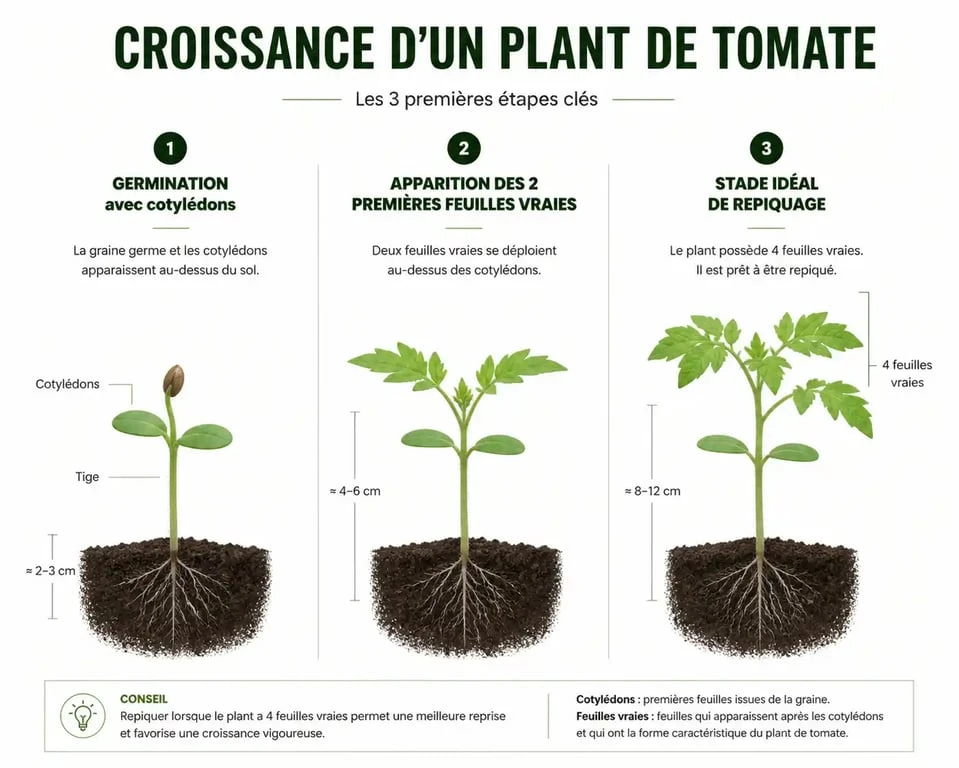Stades de croissance d'un plant de tomate pour le repiquage : cotylédons et feuilles vraies