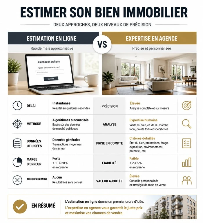 Infographie comparative : estimation immobilière en ligne vs expertise en agence Solvimo immobilier