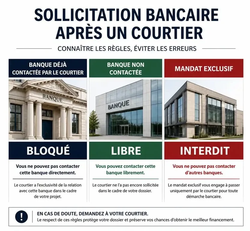 Infographie des règles de consultation bancaire après un courtier en prêt immobilier