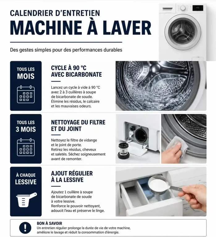 Infographie entretien machine à laver avec bicarbonate de soude