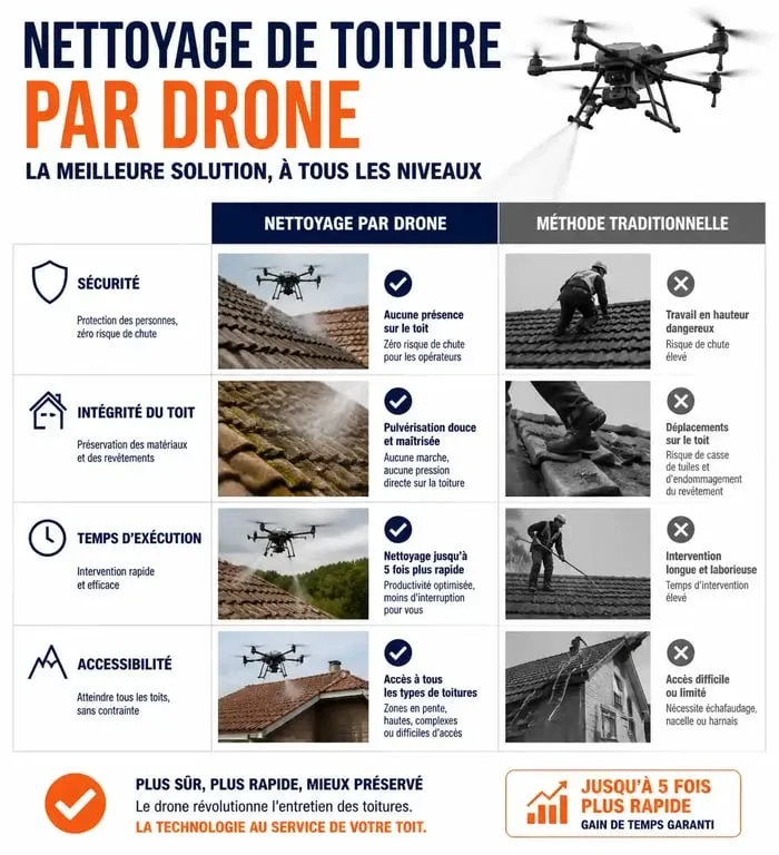 Tableau comparatif des avantages du nettoyage de toiture par drone par rapport aux méthodes traditionnelles