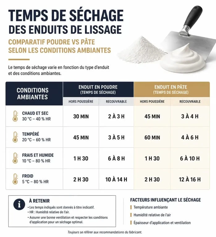 Tableau comparatif des temps de séchage de l'enduit de lissage avant ponçage selon le type d'enduit et les conditions
