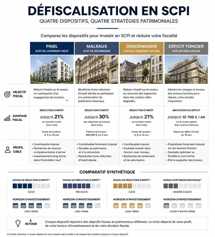 Infographie comparative des dispositifs de défiscalisation en SCPI : Pinel, Malraux, Denormandie et Déficit Foncier.