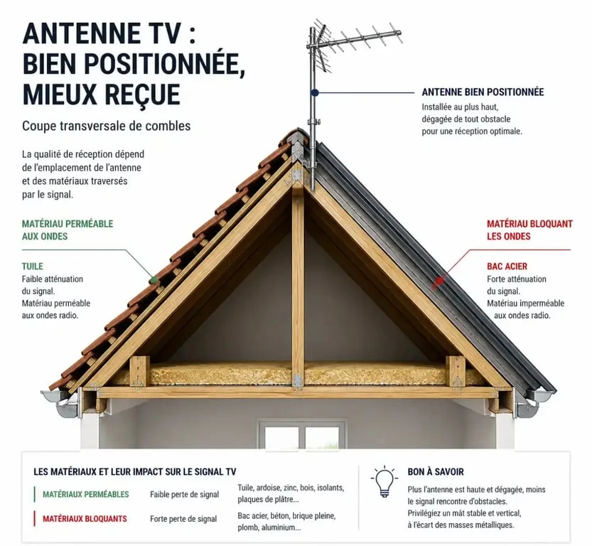Schéma technique d'installation d'une antenne TV dans les combles