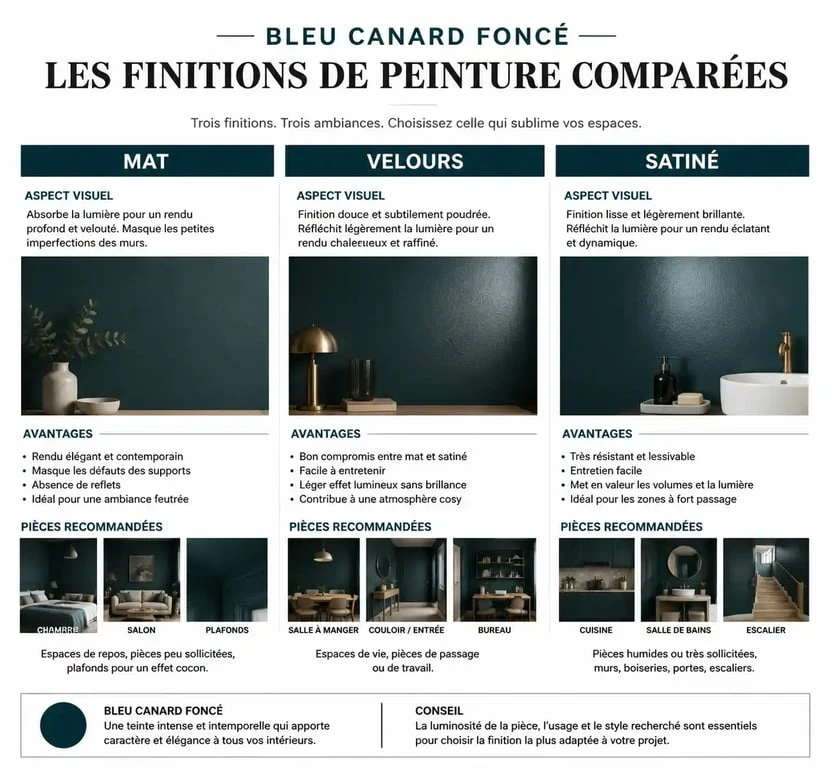 Infographie comparative des finitions de peinture pour le bleu canard foncé : mat, velours et satiné pour un rendu optimal.