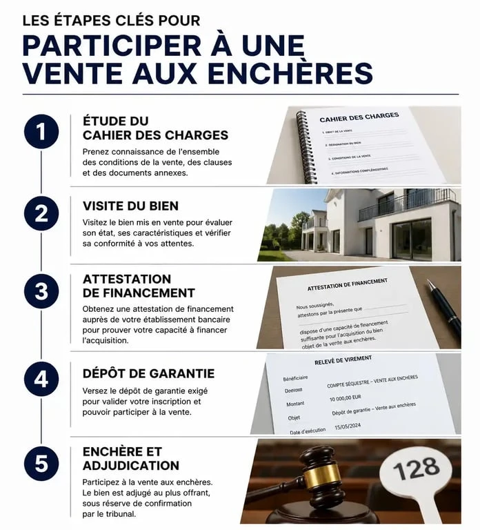 Infographie des étapes pour réussir son achat lors d'une vente aux enchères immobilières ou mobilières via infoencheres