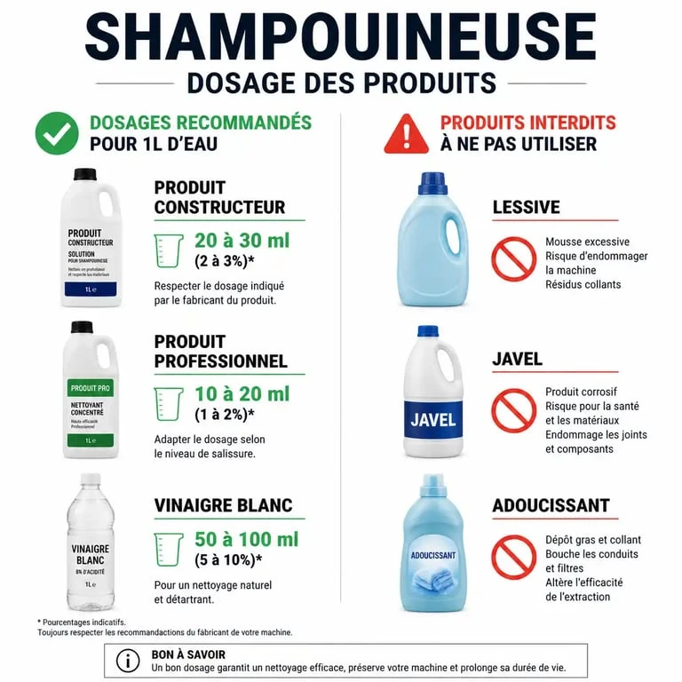 Infographie des dosages et produits interdits pour shampouineuse : quel produit mettre dans une shampouineuse sans abîmer son appareil.