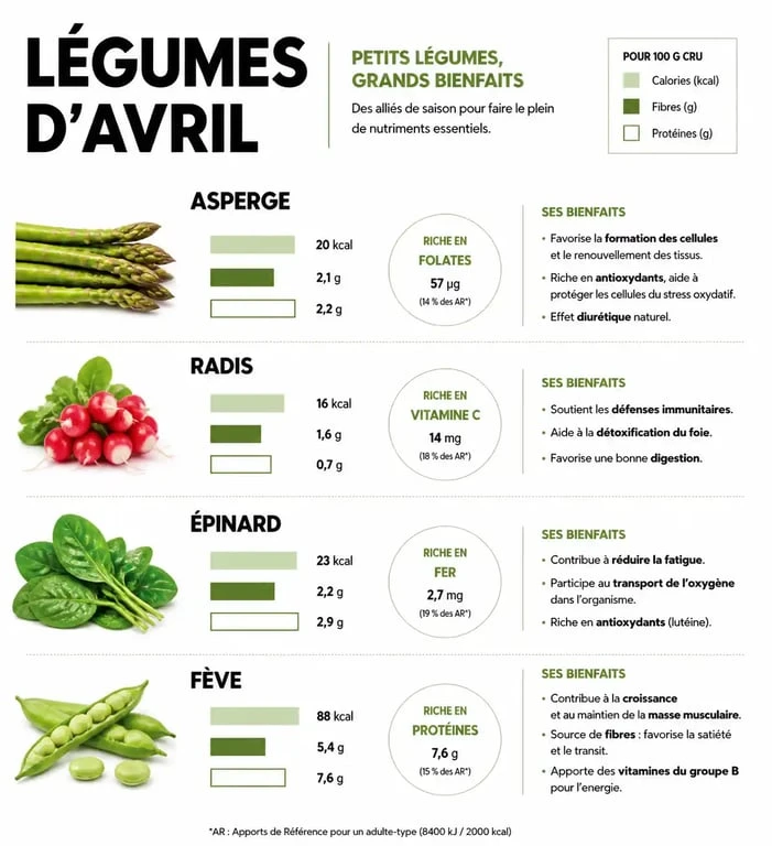 Infographie des bienfaits nutritionnels des légumes d'avril pour une alimentation saine