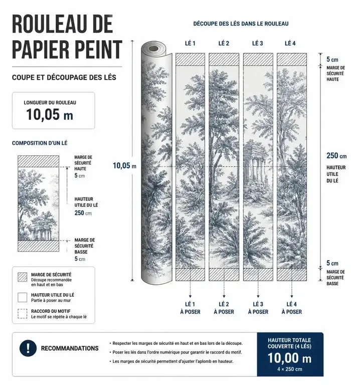Schéma explicatif pour calculer le nombre de lés dans un rouleau de papier peint