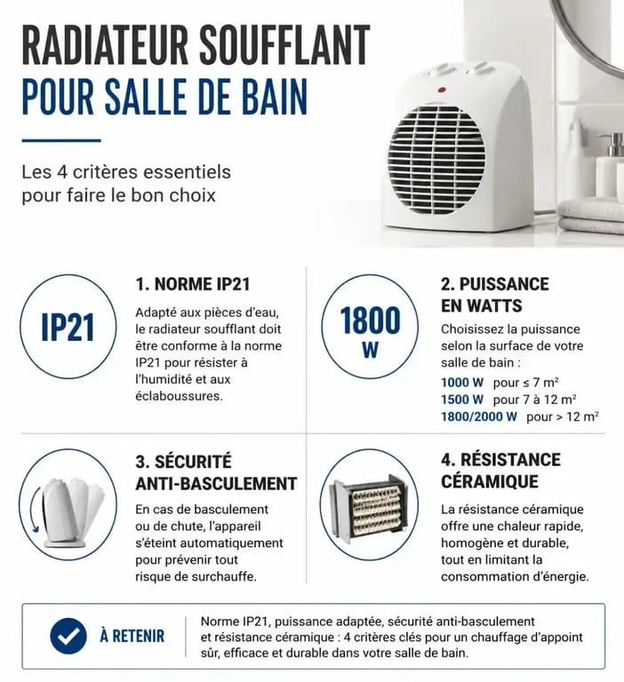 Infographie des critères de choix pour le meilleur radiateur soufflant salle de bain