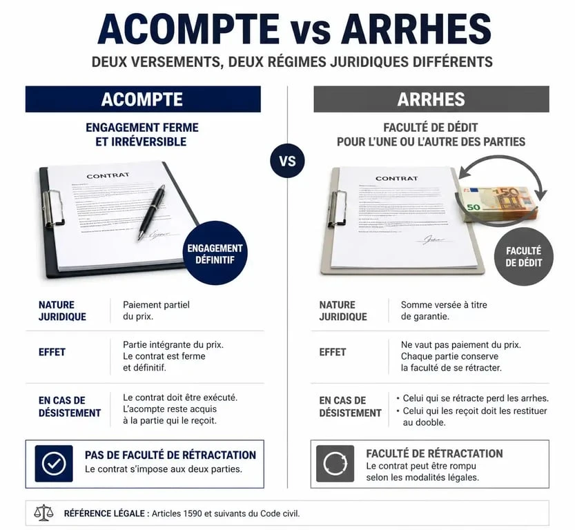 Infographie comparative : différence entre acompte et arrhes pour vos contrats et achats