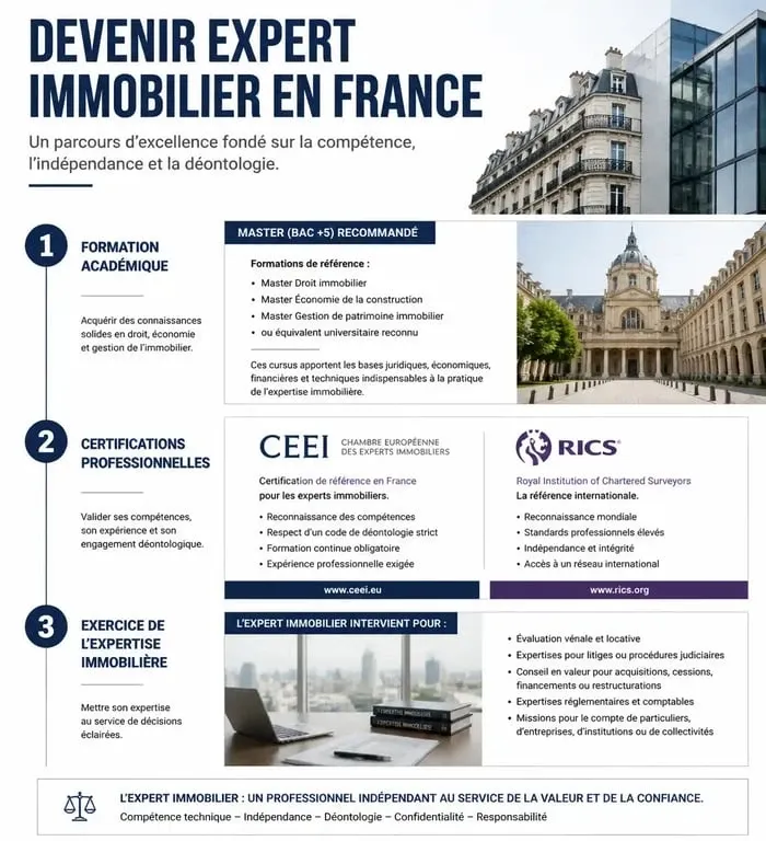 Infographie du parcours pour devenir expert immobilier en France