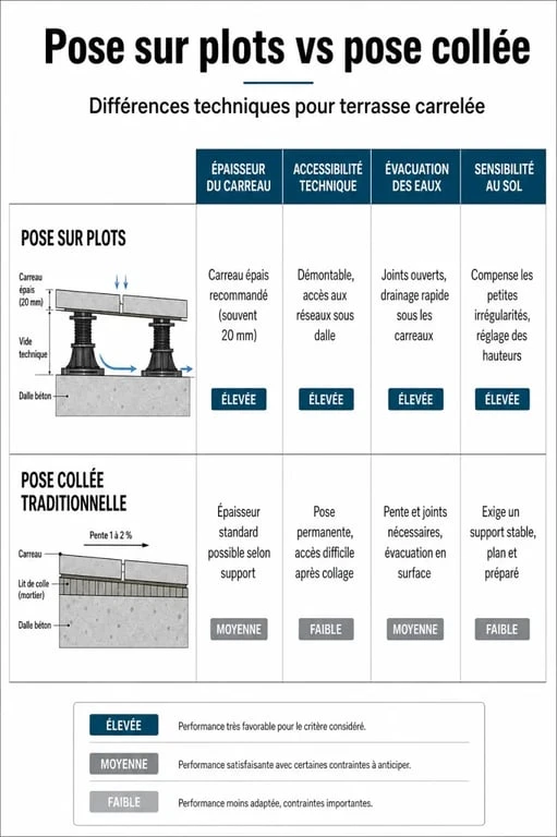 Tableau comparatif des inconvénients et avantages : pose de carrelage sur plots vs pose collée traditionnelle