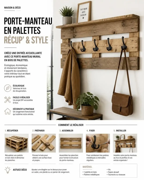 Porte-manteau en palettes recyclées au design industriel dans une entrée moderne