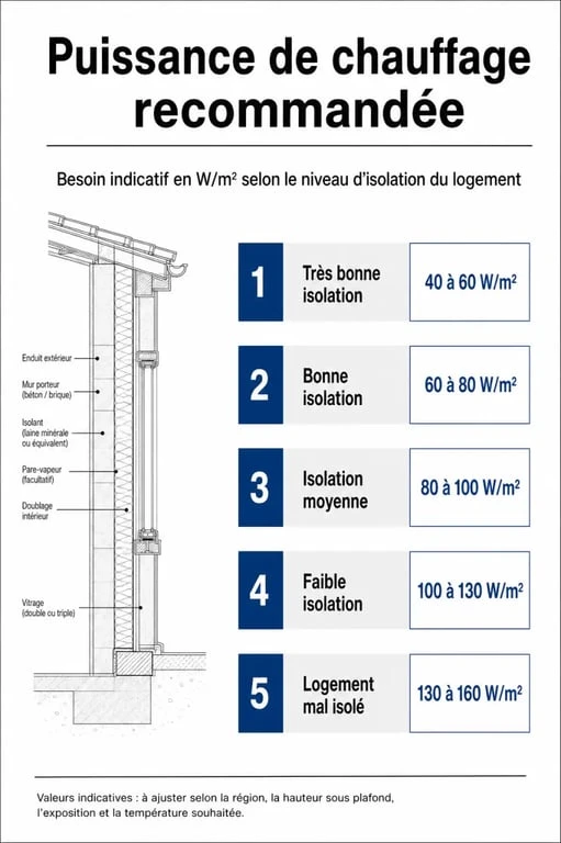 Infographie des besoins en puissance de radiateur par m2 selon l'isolation