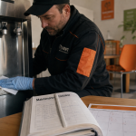 Entretien fontaine à eau : technicien nettoie la fontaine en entreprise