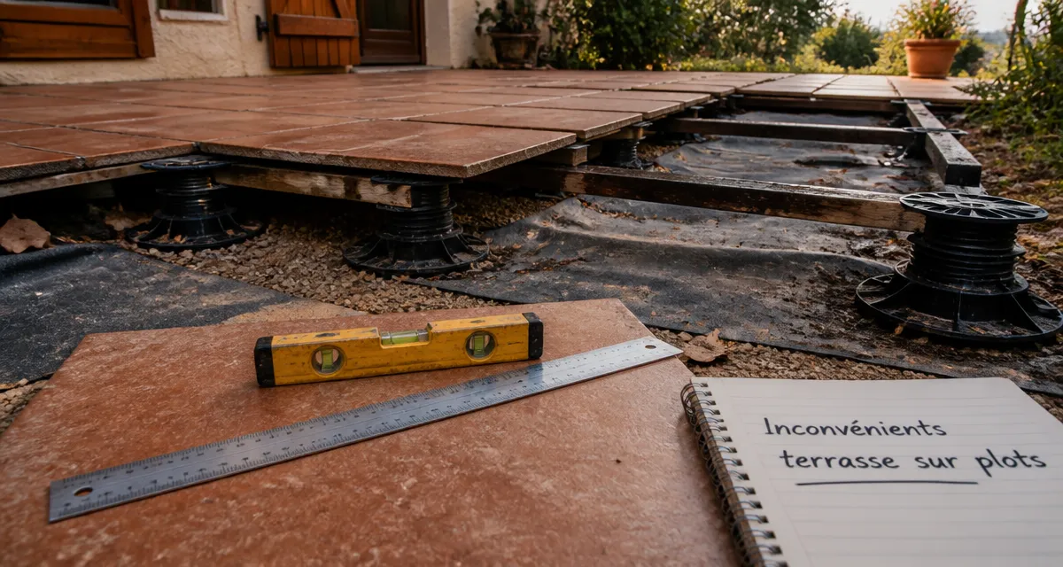 Inconvénient terrasse sur plot : dalles sur plots, joints ouverts et gravier