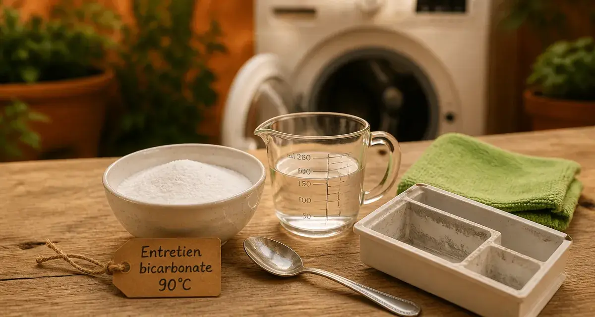 Nettoyer machine à laver bicarbonate de soude, bol de bicarbonate et chiffon