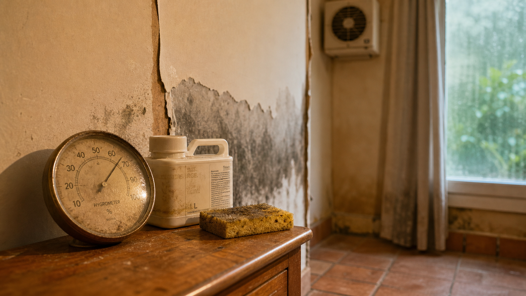 Odeur humidité maison : mur humide et hygromètre