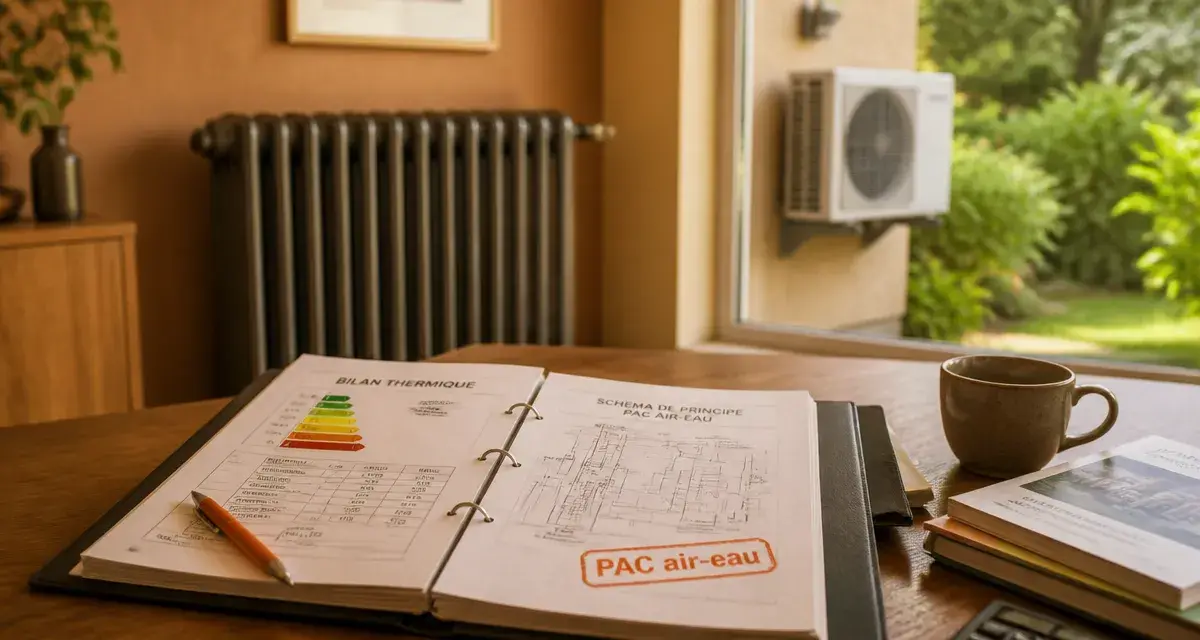 Quel chauffage pour une maison de 100m2 : PAC air-eau visible, radiateur à inertie dans le salon