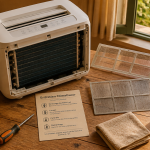 Réparation climatiseur mobile avec outils sur plan de travail