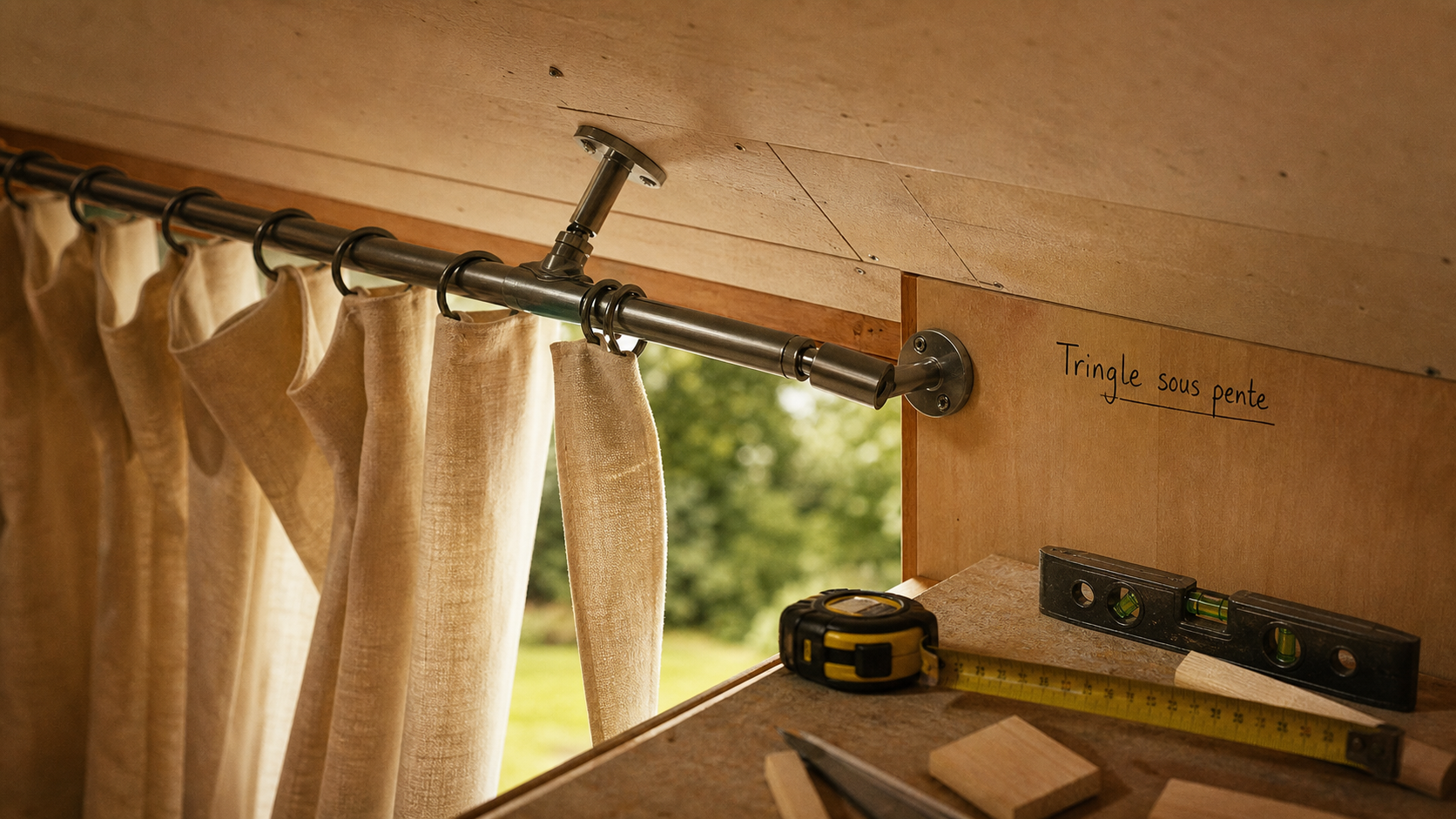 Tringle rideau sous pente avec supports sur mur et plafond inclinés