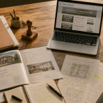 vente en immo interactif sur table avec dossiers et ordinateur