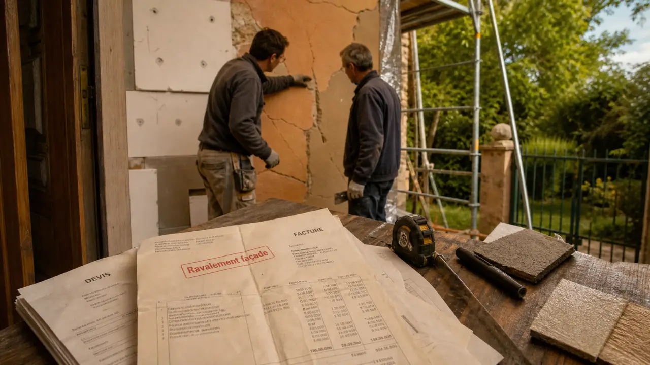 Comment déclarer un ravalement de façade aux impôts : entrepreneur inspecte la façade avec devis et échafaudage