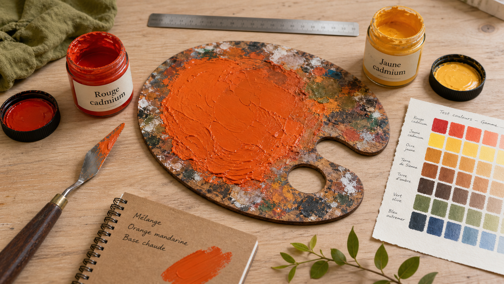 Comment faire du orange en peinture : mélange rouge cadmium et jaune cadmium sur palette